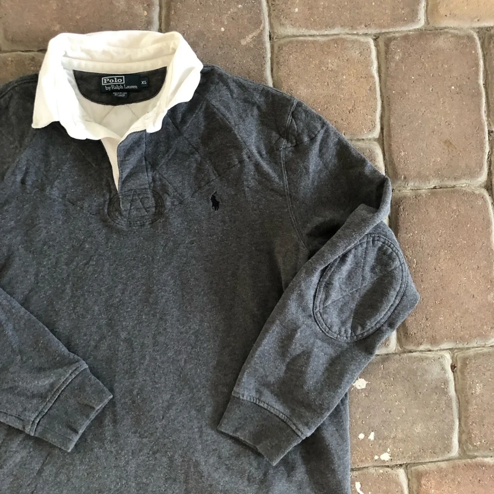 Vintage Polo Ralph Lauren Men's Rugby Shirt Grey Elbow Shoulder Patch Size XL